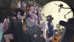  2022 3girls absurdres asakusa_midori bat_(animal) black_hair black_nails commentary dated eizouken_ni_wa_te_wo_dasu_na! fangs full_moon glasses highres jack-o&#039;-lantern kanamori_sayaka mizusaki_tsubame moon multiple_girls mummy_costume school_uniform shibahama_high_school_uniform stuffed_animal stuffed_rabbit stuffed_toy tombstone vampire_costume werewolf_costume xiaotong 