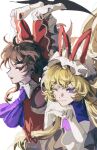  2girls blonde_hair bow brown_hair dress elbow_gloves from_side gap_(touhou) gloves hair_ribbon hair_tubes hakurei_reimu hat head_rest highres long_hair looking_at_another looking_at_viewer mob_cap multiple_girls neckerchief one_eye_closed purple_dress purple_eyes purple_neckerchief red_bow red_eyes red_shirt ribbon shirt smile touhou upper_body white_background white_gloves xian_qishui yakumo_yukari 