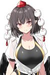  1girl alternate_costume bird_wings black_one-piece_swimsuit black_wings blush breasts brown_hair cleavage closed_mouth collarbone commentary hat highres large_breasts looking_at_viewer medium_hair one-piece_swimsuit pom_pom_(clothes) red_eyes red_hat rise_(rise19851203) shameimaru_aya shirt simple_background solo sweat swimsuit swimsuit_under_clothes tokin_hat touhou wet wet_clothes wet_shirt white_background white_shirt wings 