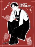  1boy absurdres apron cigarette cigarette_pack collared_shirt doug_(youchien_wars) elephant english_text food hand_on_own_chin happy_birthday highres long_sleeves looking_at_viewer male_focus mole mole_under_eye name_tag necktie non_ni_1111 party_popper popsicle red_background shirt solo two-tone_background youchien_wars 