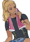  1boy arm_tattoo black_shirt blonde_hair blue_eyes blue_shorts cliff_holden dark-skinned_male dark_skin grin high_ponytail holding holding_towel invisible_chair male_focus our_life:_beginnings_and_always ponytail ryuuieu shirt shorts sitting smile solo stingray sweat sweatdrop t-shirt tattoo towel towel_around_neck upper_body watch white_background wristwatch 