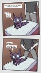  a_cat_is_fine_too absurd_res ambiguous_gender bedroom bottomwear butt clothing comic dialogue distracted duo faceless_male hi_res holding_object holding_phone legs_up looking_at_phone lying male naughtysableye nintendo on_front open_pants pants phone pok&eacute;mon pok&eacute;mon_(species) sableye simple_background solo_focus undressing video_games 