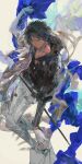  1boy absurdres arknights black_hair black_shirt blue_scarf commentary dark-skinned_male dark_skin english_commentary frown gloves highres ichika_(ichika87) jewelry looking_at_viewer male_focus necklace open_clothes open_shirt pants pectorals scarf sheath sheathed shirt solo sword thorns_(arknights) thorns_the_lodestar_(arknights) weapon white_background white_gloves white_pants yellow_eyes 