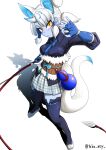  1girl animal_ear_fluff animal_ears arm_at_side arm_up between_breasts black_shirt black_thighhighs blue_gloves blue_hair blue_horns blue_necktie blue_skin breast_pocket breasts closed_mouth collared_shirt colored_skin extra_ears fingerless_gloves full_body fur-trimmed_belt fur_trim ginkaku_(kemono_friends) gloves gourd grey_horns hair_tubes head_tilt highres holding holding_weapon holding_whip horns kashisu_mint kemono_friends kemono_friends_3 legs_apart long_hair long_sleeves looking_at_viewer medium_breasts miniskirt multicolored_hair multicolored_horns necktie necktie_between_breasts ok_sign oni orange_eyes parted_bangs plaid_clothes plaid_skirt pleated_skirt pocket sash shirt shirt_tucked_in shoes single_horn skirt slit_pupils solo standing tail thigh_strap thighhighs two-tone_hair two-tone_horns underbust v-shaped_eyebrows weapon whip white_background white_hair white_shoes wing_collar zettai_ryouiki 