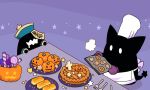  2others apron candy cat chef_hat cookie food fork ghost halloween hat highres holding hoshikui jack-o&#039;-lantern jiangshi_costume multiple_others no_humans original oven_mitts pie plate pumpkin purple_background shoutarou_(shoutarotttt) simple_background star_(symbol) tail white_eyes 
