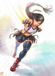  1girl acecore2k black_gloves black_hair black_skirt black_thighhighs breasts clenched_hands crop_top dust_cloud emphasis_lines english_commentary fighting_stance final_fantasy final_fantasy_vii final_fantasy_vii_rebirth final_fantasy_vii_remake fingerless_gloves floating_hair full_body gloves highres incoming_attack incoming_punch long_hair low-tied_long_hair medium_breasts midriff miniskirt navel open_mouth punching red_eyes serious signature skirt solo standing suspender_skirt suspenders swept_bangs tank_top thighhighs tifa_lockhart toned toned_female white_tank_top zettai_ryouiki 