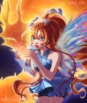  1girl arm_warmers backlighting bare_shoulders bloom_(winx_club) blue_background blue_dress blue_eyes blue_shorts blue_wings braid commentary cowboy_shot dragon dress eastern_dragon eliza_dark english_commentary eyelashes fairy fairy_wings fire flying hair_between_eyes hair_tie halter_dress halterneck happy high_ponytail highres leaning_forward light_blush lipstick long_hair looking_at_animal magical_girl makeup motion_blur multiple_braids orange_hair parted_lips petting pleated_dress ponytail red_lips see-through_arm_warmers short_dress short_shorts shorts shorts_under_dress single_arm_warmer single_bare_arm smile solo sparkle teeth twitter_username very_long_hair watermark white_arm_warmers wings winx_club winx_club_(reboot) 