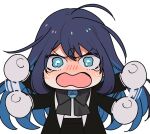  1girl ado_(utaite) afterimage ahoge black_bow black_bowtie black_coat blue_eyes blue_hair bow bowtie chando_(ado) coat colored_inner_hair commentary_request long_hair long_sleeves looking_at_viewer multicolored_hair open_mouth riseno simple_background solo tearing_up utaite waving_arms white_background 
