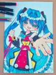  1girl art_tools_in_frame blue_dress blue_eyes blue_hair blush_stickers bow colored_pencil_(medium) detached_sleeves dress frilled_dress frills hatsune_miku highres long_hair looking_at_viewer magical_mirai_(vocaloid) magical_mirai_miku magical_mirai_miku_(2018) marker_(medium) official_alternate_costume open_mouth single_blush_sticker smile sn_(sn_utu00) solo traditional_media upper_body vocaloid 