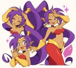 2025 5_fingers absurd_res blep blue_eyes breasts brown_body brown_skin cleavage clothed clothing cremanata ear_piercing ear_ring female fingers genie hair hi_res humanoid humanoid_pointy_ears long_hair not_furry one_eye_closed open_mouth open_smile piercing pointy_ears ponytail purple_hair ring_piercing shantae shantae_(series) signature simple_background smile solo tongue tongue_out wayforward wink