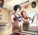  2girls black_hair black_skirt breasts cheymix cleavage dark-skinned_female dark_skin giovanna_(guilty_gear) glasses green-tinted_eyewear green_pants guilty_gear guilty_gear_strive highres i-no indoors large_breasts midriff multiple_girls music_shop navel pants red_hair red_lips shirt short_hair skirt smile stomach tied_shirt tinted_eyewear vinyl_record 