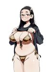  1girl :| absurdres bikini black_hair black_shirt blush breasts closed_mouth glasses gold_bikini hagulamn highres jimiko large_breasts lifting_own_clothes navel original plump shirt side-tie_bikini_bottom simple_background standing sweatdrop swimsuit white_background 