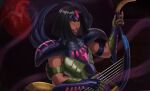  1boy armor bishounen black_hair black_nails blunt_bangs blunt_ends bob_cut dark-skinned_male dark_skin fang fingernails floating floating_object floating_organs green_armor harp heart_(organ) highres holding holding_harp holding_instrument instrument looking_at_viewer male_focus metal_wings midostree-art music nail_polish open_mouth pauldrons playing_instrument purple_armor saint_seiya short_hair shoulder_armor solo specter_(saint_seiya) sphinx_pharaoh two-tone_armor upper_body very_dark_skin yellow_eyes 