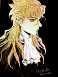  1boy artist_name ascot blending blonde_hair danai_ym earrings expressionless eyelashes from_side giorno_giovanna green_eyes highres jewelry jojo_no_kimyou_na_bouken long_hair male_focus portrait signature solo stud_earrings vento_aureo victory_rolls white_ascot 