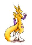  2015 absurd_res ambiguous_gender anthro biped black_sclera canid canine digimon digimon_(species) digitigrade dipstick_tail fur hi_res kenket looking_at_viewer looking_back mammal markings multicolored_body multicolored_fur multicolored_tail painting_(artwork) renamon simple_background solo standing traditional_media_(artwork) two_tone_tail watercolor_(artwork) white_background 