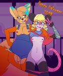  2019 absurd_res ailurid anthro balls big_tail blonde_hair blue_highlights bottomwear bratty_(undertale) breasts catty_(undertale) clothed clothing clothing_lift cosplay detailed_background didelphid digital_media_(artwork) dipstick_ears duo english_text exposed eyebrows eyewear flaccid foreskin fur gesture glans glasses grin gynomorph hair halloween head_tuft hi_res highlights_(coloring) holidays humanoid_penis intersex jordie_(vivash) long_tail looking_at_viewer mairi_nigalya_ponya mammal marsupial midriff multicolored_ears navel nipples number orange_body orange_fur overalls panties panties_down pants pants_down partially_clothed penis pink_nipples pink_nose purple_background red_panda shawl shirt shirt_lift simple_background small_breasts small_penis smile text tongue tongue_out topwear tuft unbuttoned uncut undershirt undertale underwear v_sign video_games virginia_opossum vivash 