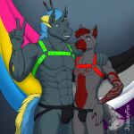 1:1 absurd_res anthro arthropod asexual_pride_colors black_body blue_eyes blue_hair canid canine canis changeling duo equid equine flag flag_(object) friendship_is_magic hair harness hasbro hi_res horn horse judasyfox lgbt_pride lgbt_pride_month looking_at_another male mammal my_little_pony pansexual_pride_colors pride_colors red_hair tail wolf