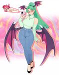  2girls artist_name blue_pants breasts casual celebelian commentary darkstalkers demon_wings earrings emoji english_commentary english_text full_body glasses green_eyes green_hair green_sweater head_wings highres holding holding_phone jewelry lilith_(darkstalkers) morrigan_aensland multiple_girls necklace off_shoulder pants parted_bangs phone pink_nails ring speech_bubble sweater twitter_username wings 