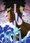  1boy artist_name black_hair blue_eyes dark-skinned_male dark_skin dreadlocks fingerless_gloves gloves glowing glowing_eye guilty_gear highres looking_at_viewer male_focus nagoriyuki pink_nails red_eyes sword ultineet water weapon white_gloves 