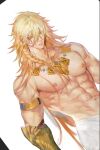  1boy abs armlet baiyinshanguo1 blonde_hair braid chinese_commentary commentary_request dutch_angle earrings gauntlets gold_earrings gold_necklace hair_between_eyes honkai:_star_rail honkai_(series) jewelry male_focus medium_hair muscular muscular_male mydei_(honkai:_star_rail) navel necklace pectorals side_braid simple_background solo towel towel_around_waist unfinished white_background yellow_eyes 