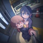  2girls :d @_@ absurdres blue_eyes blue_hair blush_stickers brown_hair brown_shoes bus commentary_request enosawari flustered hair_between_eyes hair_ornament hairclip hands_on_another&#039;s_chest highres loafers long_hair long_sleeves low_twintails motor_vehicle multicolored_hair multiple_girls murosaki_miyo onii-chan_wa_oshimai! open_mouth outdoors pleated_skirt red_eyes red_hair school_uniform selfie selfie_stick shoes short_hair skirt smile tachikawa_aoi traffic_cone twintails two-tone_hair yuri 
