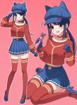  1girl animal_ear_headwear black_eyes blue_gloves blue_hair blue_hat blue_shoes blue_skirt blush bow bow_choker choker commentary commission cool_mita_(miside) crop_top crop_top_overhang english_commentary flying_sweatdrops gloves hands_up hat high_heels highres hitachi_magic_wand holding holding_sex_toy long_hair long_sleeves looking_at_viewer low_ponytail mark_under_eye midriff miside mita_(miside) multiple_views nanju_bami newsboy_cap open_mouth pink_background ponytail red_bow red_choker red_shirt red_thighhighs sex_toy shirt shoes simple_background sitting skirt smile tattoo teardrop_facial_mark teardrop_tattoo thighhighs thighs vibrator wariza zettai_ryouiki 
