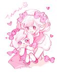  1girl animal animal_ears blush bow bowtie brown_eyes clothed_animal collared_dress cosplay cropped_torso crossover double_bun dress eyelashes frilled_dress frills fur_hat fur_shirt gloves goat goat_ears goat_girl goat_horns hair_bow hair_bun hat highres holding holding_animal horns jianuannuannuan looking_at_another medium_hair mei_yangyang mei_yangyang_(cosplay) nikki_(nikki) nikki_(series) open_mouth petting pinafore_dress pink_bow pink_bowtie pink_dress pink_gloves pink_hair pink_horns pink_scarf pink_snowprint_(shining_nikki) pink_theme polka_dot polka_dot_bow procreate_(medium) puffy_short_sleeves puffy_sleeves ringlets scarf shining_nikki shirt short_hair short_sleeves simple_background sleeveless sleeveless_dress small_horns smile striped_horns swept_bangs tareme teeth upper_teeth_only ushanka white_background white_hat white_shirt xiyangyang_yu_huitailang 