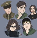  1boy black_bodysuit black_hat black_shirt blood blood_on_face blue_eyes blush bodysuit brown_hair brown_hat brown_jacket brown_necktie bucky_barnes buttons captain_america:_civil_war captain_america:_the_first_avenger captain_america:_the_winter_soldier captain_america_(series) closed_mouth collarbone collared_shirt english_commentary facial_hair floating_hair food food_on_face green_jacket green_shirt grey_background hair_between_eyes hat highres injury jacket lapels looking_afar looking_at_viewer male_focus marvel marvel_cinematic_universe messy_hair military_hat military_jacket military_uniform multiple_persona multiple_views necktie open_mouth prosthesis prosthetic_arm shirt short_hair simple_background slysia smile star_(symbol) sweat t-shirt teeth thunderbolts_(movie) upper_body visor_cap winter_soldier 