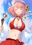  1girl absurdres bikini bikini_skirt blush breasts choker cleavage closed_eyes closed_mouth eating fire_emblem fire_emblem_engage fire_emblem_heroes fish fish_(food) flat_cap flower hat highres holding jacket jewelry lapis_(fire_emblem) lapis_(forager_of_the_sea)_(fire_emblem) medium_breasts multicolored_bikini nanashi_kuno navel necklace official_alternate_costume pink_hair red_bikini red_skirt see-through_clothes see-through_jacket short_hair skirt smile solo stomach sunflower swimsuit two-tone_hat white_hat white_jacket 