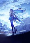  1girl absurdres boots breasts chest_harness closed_mouth cloud cloudy_sky commentary dot_mouth dress floating_hair from_side full_body genshin_impact grey_hair hair_ornament harness high_heels highres long_hair looking_ahead medium_breasts mountain potg_(piotegu) purple_hands purple_thighhighs red_eyes skirk_(genshin_impact) sky snow solo thigh_boots thighhighs walking white_dress 