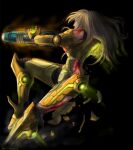  1girl arm_cannon armor black_background blonde_hair blood broken_armor commentary damaged dated eugene foot_out_of_frame from_side glowing helmet long_hair metroid neon_trim no_headwear orange_armor power_armor power_suit_(metroid) powering_up samus_aran science_fiction signature simple_background solo varia_suit weapon 