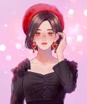  1girl black_shirt brown_eyes brown_hair dia_(k-pop_group) earrings eyelashes hair_behind_ear hashtag-only_commentary hat heart heart_earrings jewelry long_sleeves looking_at_viewer necklace real_life red_hat shirt short_hair solo sparkle wuxzeu yebin 