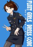  1girl absurdres alternate_costume badge black_jacket black_necktie black_pantyhose black_skirt blue_background brown_eyes brown_hair buttons collared_shirt commentary_request double-breasted dress_shirt highres jacket kantai_collection military_dress_uniform military_rank_insignia military_uniform naval_dress_uniform naval_uniform necktie pantyhose pencil_skirt ponytail ribbon_bar samusara shikinami_(kancolle) shirt short_hair skirt solo translation_request v white_shirt 