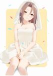  1girl blush border breasts bridal_veil brown_eyes brown_hair cleavage collarbone commentary confetti dress english_commentary feet_out_of_frame hair_between_eyes jewelry kantai_collection long_hair looking_at_viewer outside_border ring rounded_corners sakiecho sidelocks signature simple_background sitting small_breasts smile solo strapless strapless_dress veil wedding_ring white_background white_border white_dress yellow_background zuihou_(kancolle) 