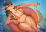2025 4_fingers abs anthro bikini bikini_bottom bikini_top black_hair breasts brown_body brown_tail claws clothed clothed_anthro clothed_female clothing countershade_torso countershading digital_media_(artwork) ear_piercing female finger_claws fingers fish footwear hair long_tail marine navel orange_eyes piercing shark shoes sitting smile solo swimwear tail teeth text two-piece_swimsuit url vader-san water
