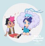  1boy 1girl altaria black_hair black_shirt black_shoes blue_eyes bracelet brown_vest chibi closed_mouth commentary_request hair_bun hair_ornament hairclip highres jewelry liko_(pokemon) multicolored_hair musical_note on_head open_clothes open_vest pink_hair pokemon pokemon_(anime) pokemon_(creature) pokemon_horizons pokemon_on_head red_shorts rei_hinketsu roy_(pokemon) shirt shoes short_hair short_sleeves shorts sitting smile swept_bangs t-shirt two-tone_hair vest watermark 