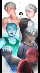  2boys absurdres alien_stage anger_vein artist_name black_shirt black_vest blood blush character_name choker closed_eyes collared_shirt commentary_request green_eyes green_tank_top grey_choker grey_hair headset highres honogurairo_hai ivan_(alien_stage) microphone multiple_boys multiple_views neck_tattoo official_alternate_costume open_mouth shirt tank_top tattoo teeth till_(alien_stage) translation_request vest watermark white_shirt white_tank_top 