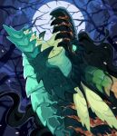 ambiguous_form ambiguous_gender blue_body blue_eyes blue_scales corzh77 dragon hi_res horn moon mythological_creature mythological_scalie mythology night open_mouth outside plant ridged_horn scales scalie side_view solo teeth tree