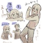  &gt;_&lt; ^_^ ^v^ absurdres apron asphyxiation belt chibi closed_eyes collared_shirt doug_(youchien_wars) drowning greyscale highres long_bangs long_sleeves monochrome name_tag necktie non_ni_1111 ponytail rita_(youchien_wars) shirt twitter_username youchien_wars 