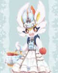 3_fingers 4:5 4rurui apple basket blue_clothing blue_dress bow_(feature) bow_tie buckteeth cinderace clothing container dress fake_ears fake_rabbit_ears female feral fingers food fruit fur generation_8_pokemon hat headgear headwear hi_res looking_at_viewer multicolored_clothing multicolored_dress nintendo offering_food open_mouth plant pokemon pokemon_(species) rabbit_ears red_eyes smile solo teeth white_body white_clothing white_dress white_fur