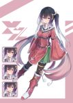  1girl black_hair black_pantyhose blush boots breasts dress fingerless_gloves full_body fur-trimmed_boots fur_trim gloves gradient_hair green_skirt hair_between_eyes hair_ornament hand_up highres knee_boots long_hair long_sleeves looking_at_viewer multicolored_hair multiple_expressions multiple_views open_mouth original pantyhose pleated_skirt purple_eyes purple_hair red_dress side_ponytail skirt tooto_(ryuto333) white_background wide_sleeves 