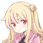  1girl bad_link blonde_hair hair_between_eyes hair_bun little_witch_nobeta long_hair looking_at_viewer lowres multicolored_hair nobeta nobeta_(land_mine_girl_skin) official_art pink_hair pink_shirt portrait red_eyes shirt simple_background solo streaked_hair transparent_background 