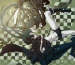  2girls belt black_coat black_dress black_hair black_leggings black_rock_shooter black_rock_shooter_(character) black_shorts blue_eyes boots chain coat dead_master dress green_eyes horns leggings long_hair multiple_girls pale_skin pink-hudy scar scythe shorts sword twintails uneven_twintails weapon 