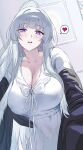 1girl blue_archive blunt_bangs blush breasts cleavage collarbone covered_nipples from_below halo heart hews high_ponytail highres indoors large_breasts long_hair long_sleeves looking_at_viewer nightgown noa_(blue_archive) noa_(pajamas)_(blue_archive) official_alternate_costume open_mouth pajamas ponytail purple_eyes ribbon sleepwear smile spoken_heart spot_color teeth upper_teeth_only white_hair white_nightgown 