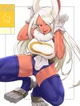  1girl animal_ears animal_print bare_shoulders boku_no_hero_academia breasts commentary_request copyright_name covered_navel crescent_print dark-skinned_female dark_skin fur_collar gloves hair_between_eyes hands_up highleg highleg_leotard highres large_breasts leotard long_eyelashes long_hair looking_at_viewer mirko parted_bangs partial_commentary purple_thighhighs rabbit_ears rabbit_girl rabbit_pose rabbit_print red_eyes sleeveless_turtleneck_leotard smile solo spread_legs squatting taut_leotard teeth thick_thighs thighhighs thighs toned toned_female tongue tongue_out tuzi717 upper_teeth_only very_long_hair white_background white_gloves white_hair white_leotard 