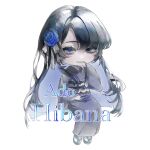  1girl ado_(utaite) black_hair black_sash blue_eyes blue_flower blue_hair blue_kimono blue_rose chando_(ado) chibi chibi_only colored_inner_hair commentary_request flower hair_flower hair_ornament highres htt_hatuotuo invisible_chair japanese_clothes kimono long_hair mole mole_under_eye multicolored_hair obi rose sash simple_background sitting solo white_background 