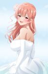 1girl aged_up alternate_hairstyle bare_shoulders blush breasts bride commentary dars_(recolors) dress english_commentary gloves hair_bun highres large_breasts long_hair looking_at_viewer open_mouth red_eyes single_hair_bun smile solo strapless strapless_dress wedding wedding_dress white_dress white_gloves yahari_ore_no_seishun_lovecome_wa_machigatteiru. yuigahama_yui 