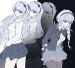  2girls black_hairband black_jacket black_ribbon black_skirt braid buttons chinese_commentary closed_mouth collared_shirt commentary_request grey_pantyhose grey_skirt hairband hand_on_own_arm highres jacket kashimiya_karua kirifuji_nozomi long_hair long_sleeves miniskirt mole mole_under_eye multiple_girls neck_ribbon pantyhose pleated_skirt purple_eyes ribbon shirt side_braid single_braid skirt smile the_hundred_line_-last_defense_academy- white_hair white_jacket white_shirt wushui2333 