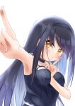  1girl absurdres arm_between_breasts armpits bare_arms bare_shoulders between_breasts black_choker black_hair black_hairband bloom blowing_kiss blush breasts choker collarbone commentary eyebrows_hidden_by_hair fingernails foreshortening frilled_choker frills hair_between_eyes hairband heart heart-shaped_pupils highres index_fingers_raised kushima_kamome long_hair looking_at_viewer medium_breasts miraikanai o3o outstretched_arm puckered_lips sidelocks simple_background solo straight_hair summer_pockets symbol-shaped_pupils upper_body very_long_hair white_background yellow_eyes 