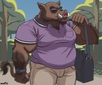 2024 anthro bottomwear clock clothing eyewear hi_res male mammal muscular muscular_male nanoff overweight overweight_male pants purple_clothing satchel shirt solo suarez_(nanoff) suid suine sunglasses sus_(pig) tan_clothing topwear watch wild_boar